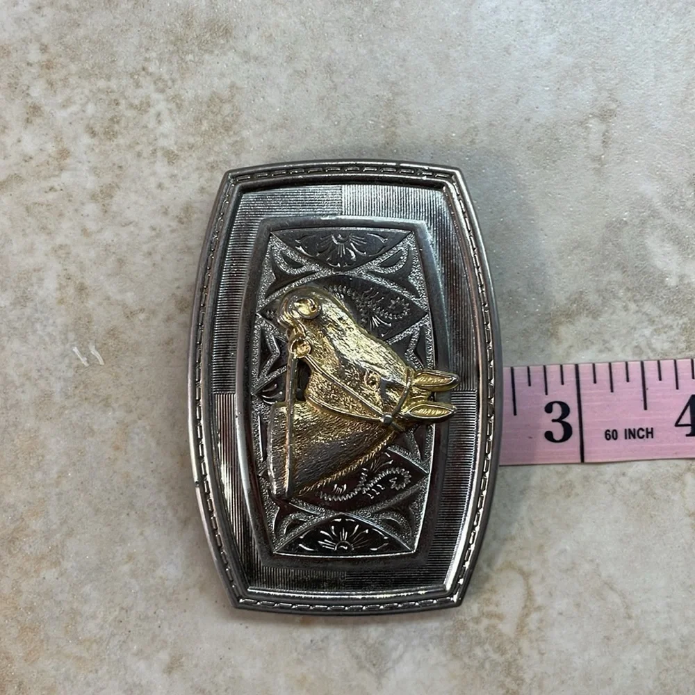 Western Belt Buckle Horse Head Cowboy Girl Gold Accent Silver Tone Rodeo